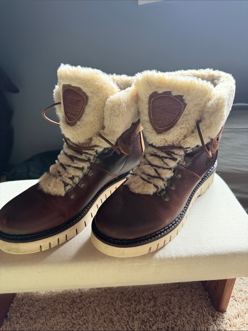 Pajar Brown Leather Fur-Trim Winter Boots with Cream Lining
